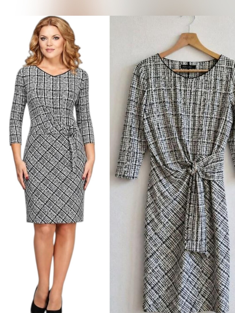 Marc Cain Black Ivory Abstract Crosshatch Faux Wrap Ring Detail Sheath Dress 12